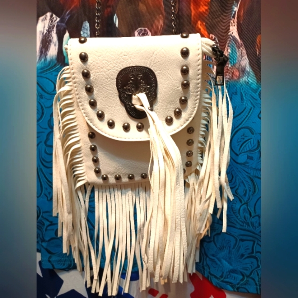 Fringed White Leather Crossbody Bag
